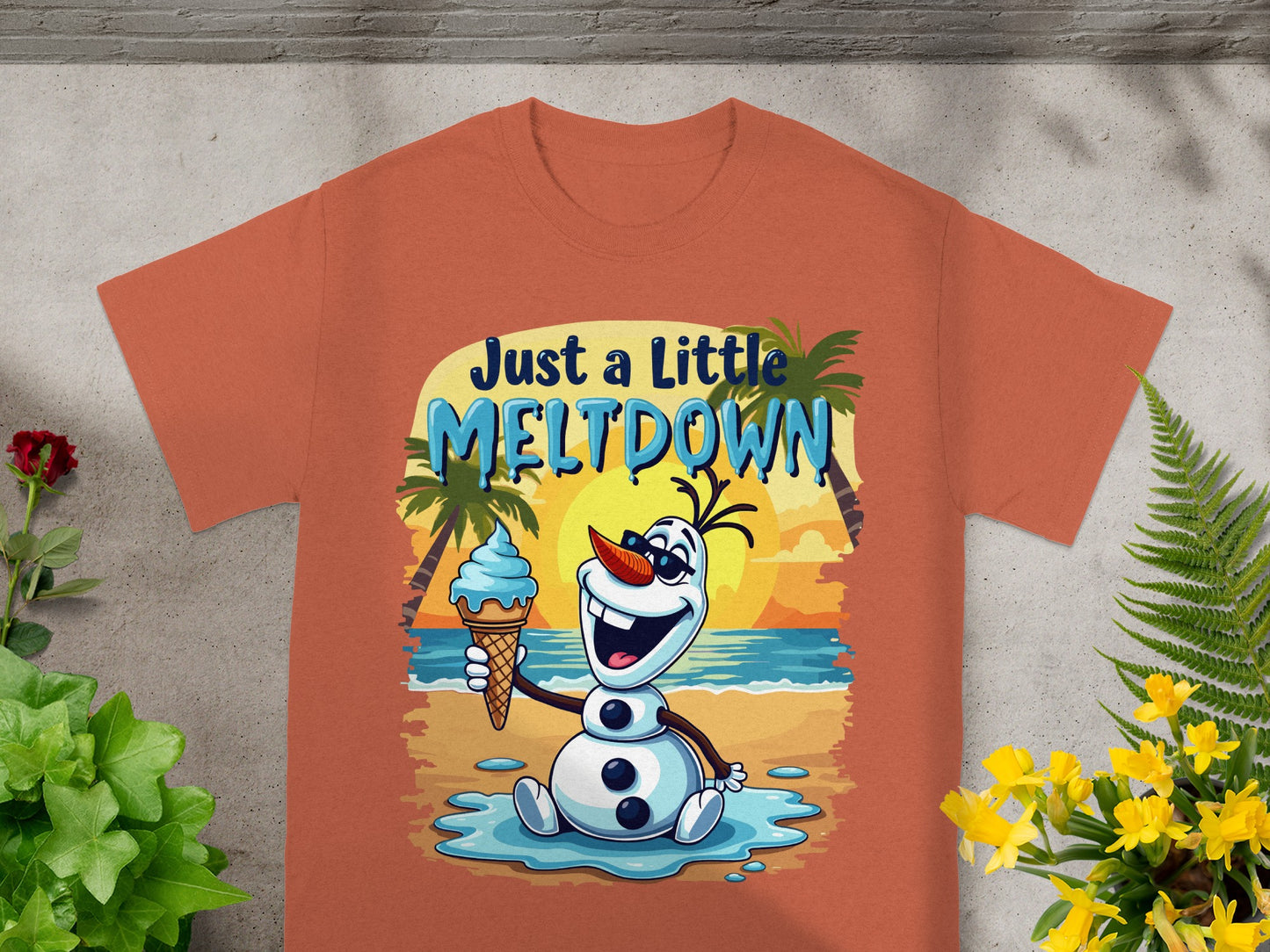 Olaf holding ice cream on beach, "Just A Little Meltdown" text.