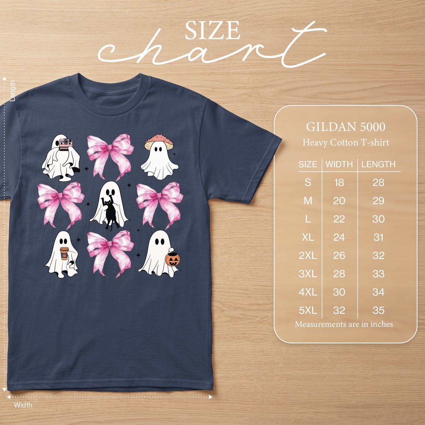 Dark t-shirt with ghost, bow, and pumpkin designs, next to a size chart.