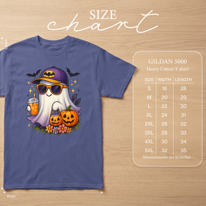 T-shirt with ghost design holding drink, wearing Batman hat, with pumpkins. Size chart included.