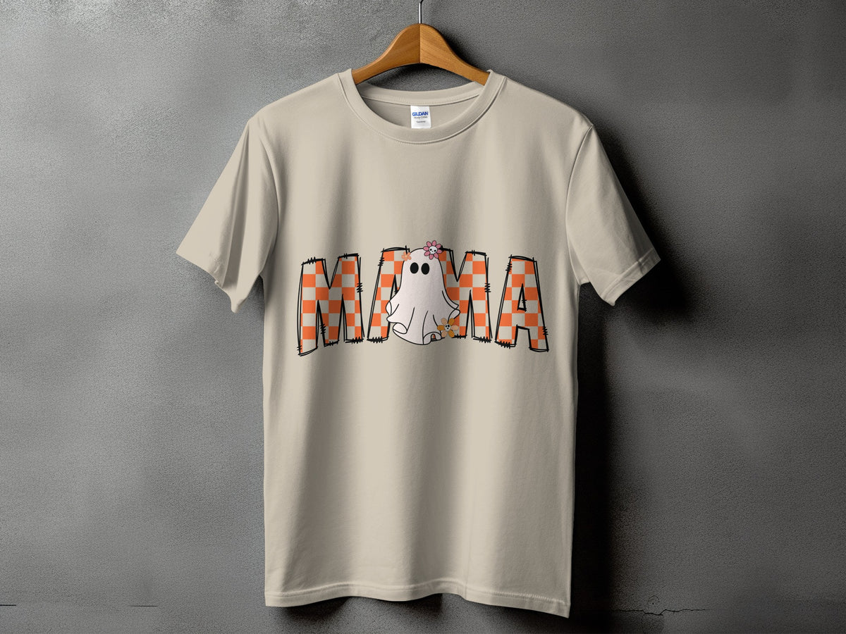 Light tan t-shirt with orange checkered "MAMA" text and a cute ghost.