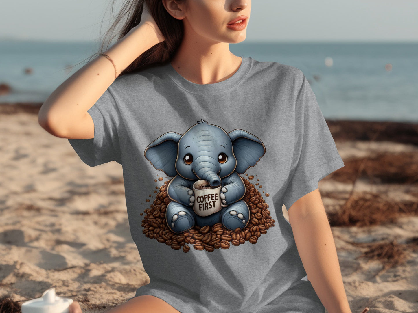 Coffee First Elephant T-Shirt Cute Cartoon Design