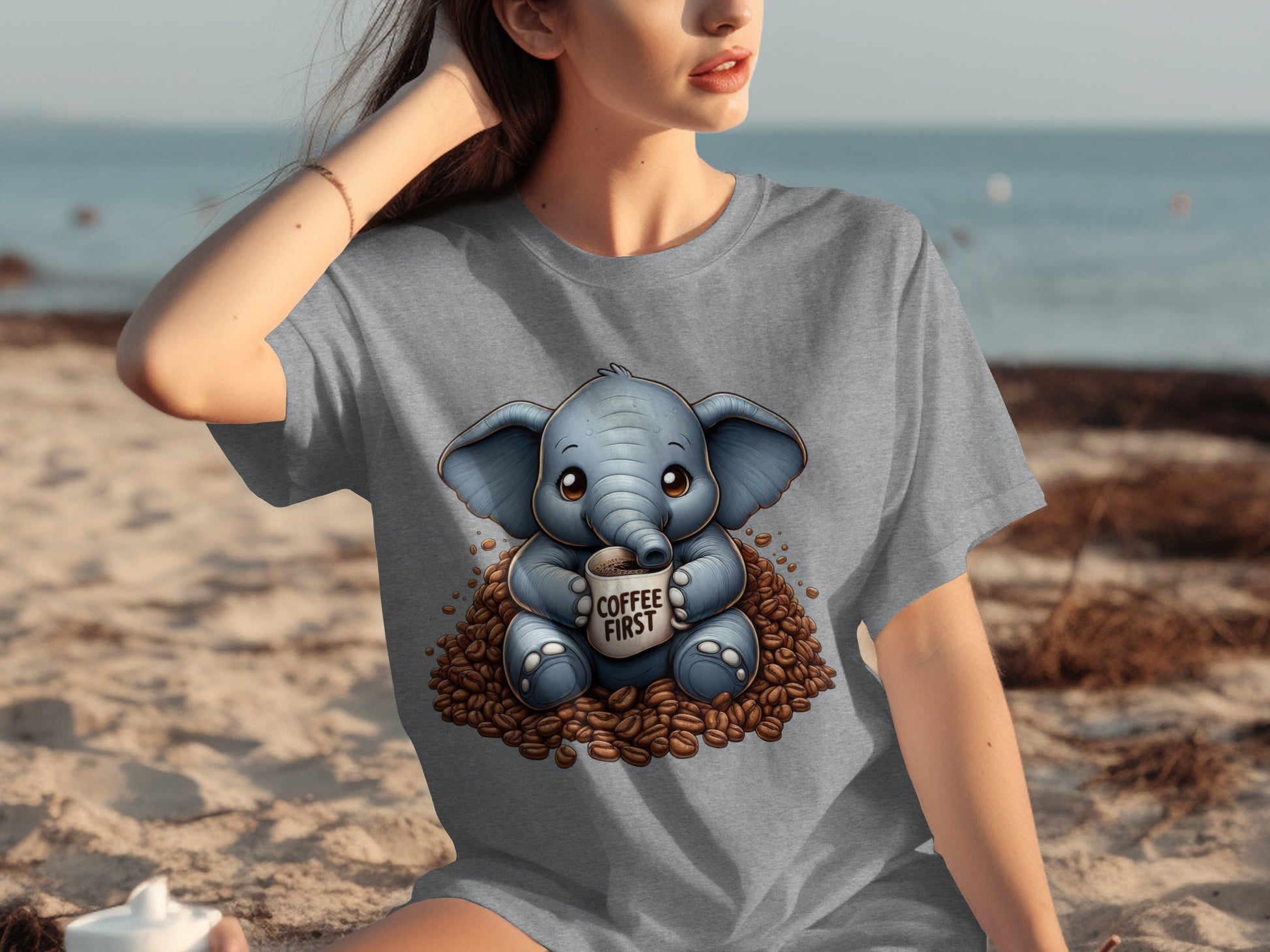 Coffee First Elephant T-Shirt Cute Cartoon Design