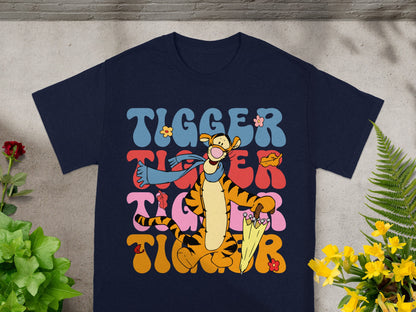 Navy t-shirt with Tigger graphics and text in groovy font.