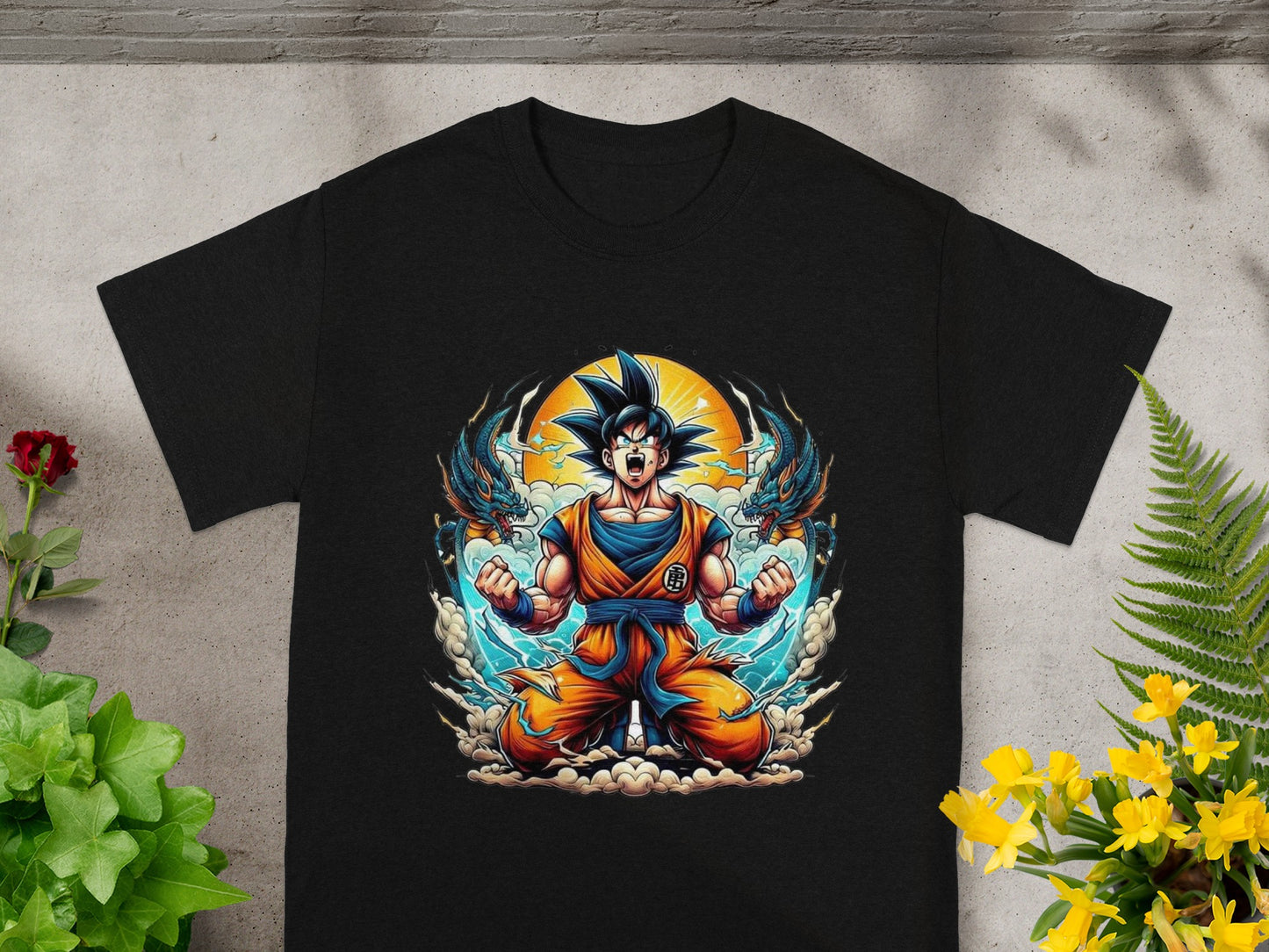 Black t-shirt featuring Goku in a fighting pose with dragons.