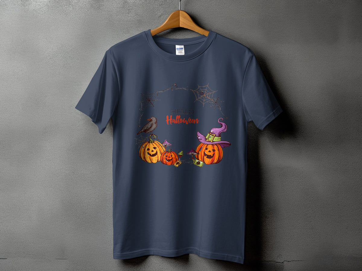 Dark blue t-shirt with "HELLO Halloween" and a Halloween scene with pumpkins.