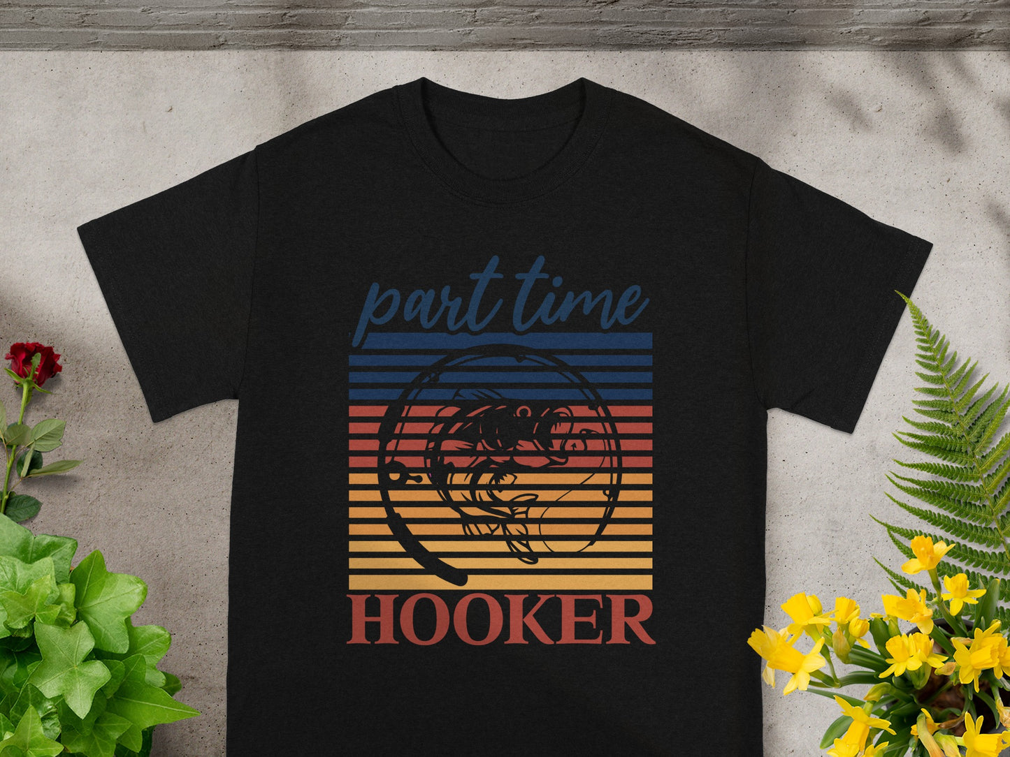 Black t-shirt with "part time HOOKER" text and a fish graphic.
