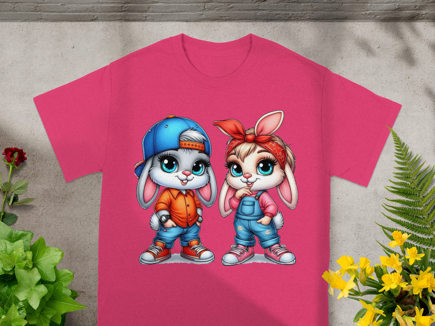 Two cartoon bunnies in overalls and baseball caps on a pink t-shirt.