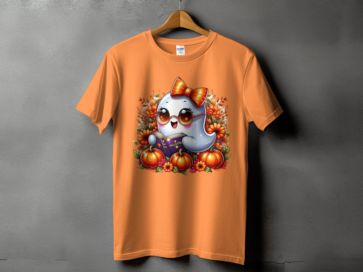 Orange t-shirt with a ghost reading a book surrounded by pumpkins and flowers.