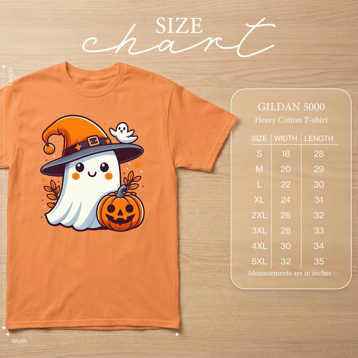 Orange Gildan 5000 t-shirt with a cute ghost, pumpkin, and witch hat graphic. Includes size chart.