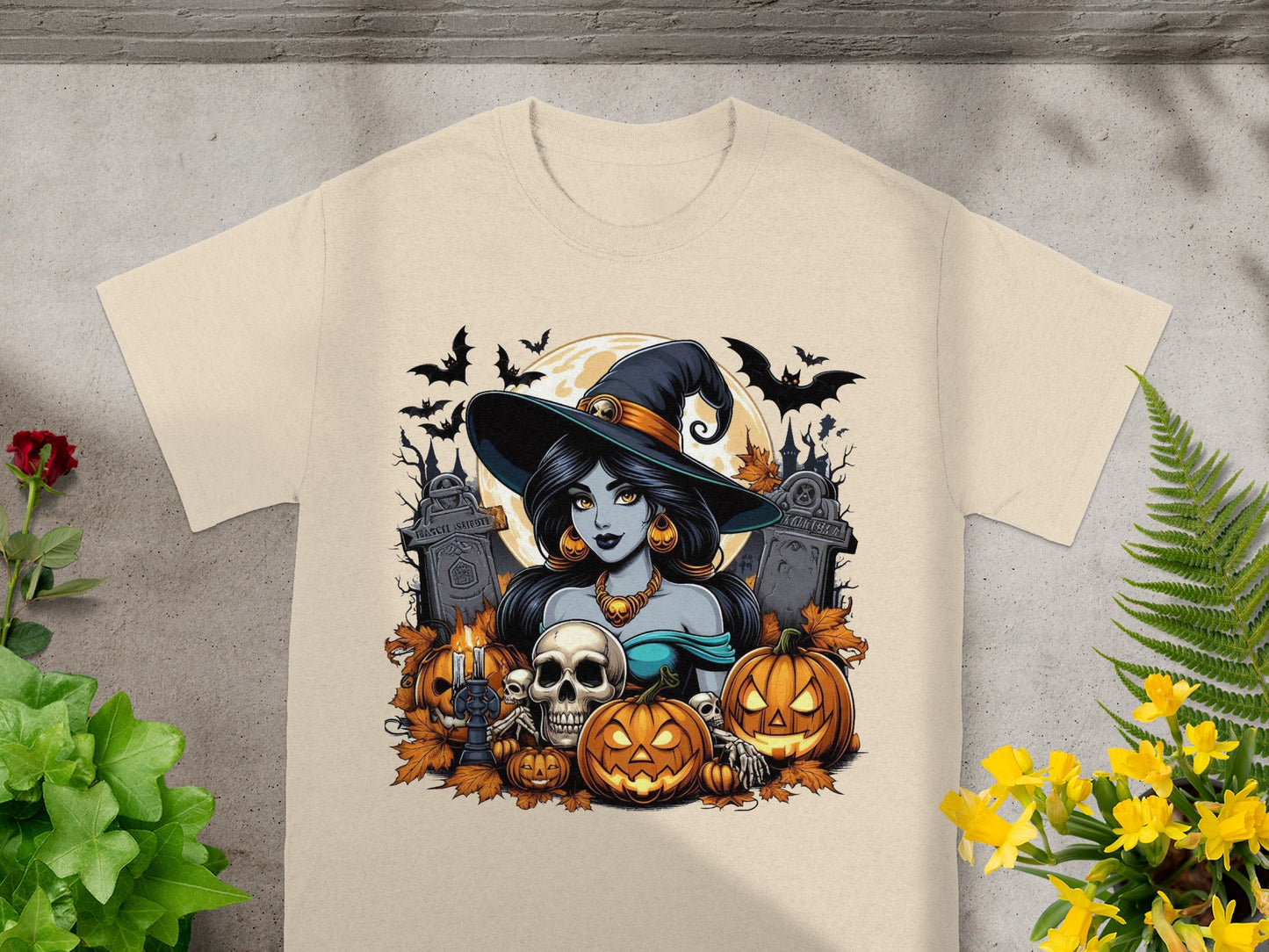 Halloween witch with pumpkins, skulls, bats, and tombstones around a full moon.