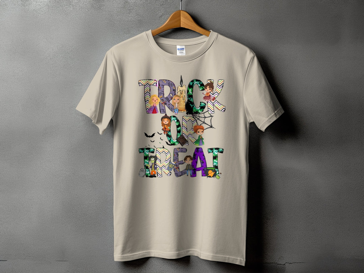 Light beige t-shirt with "Trick or Treat" graphic featuring cartoon characters and Halloween imagery.