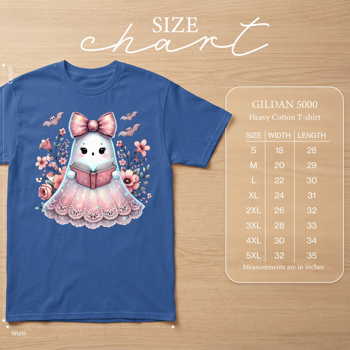 Blue Gildan 5000 t-shirt with cute ghost graphic and size chart.