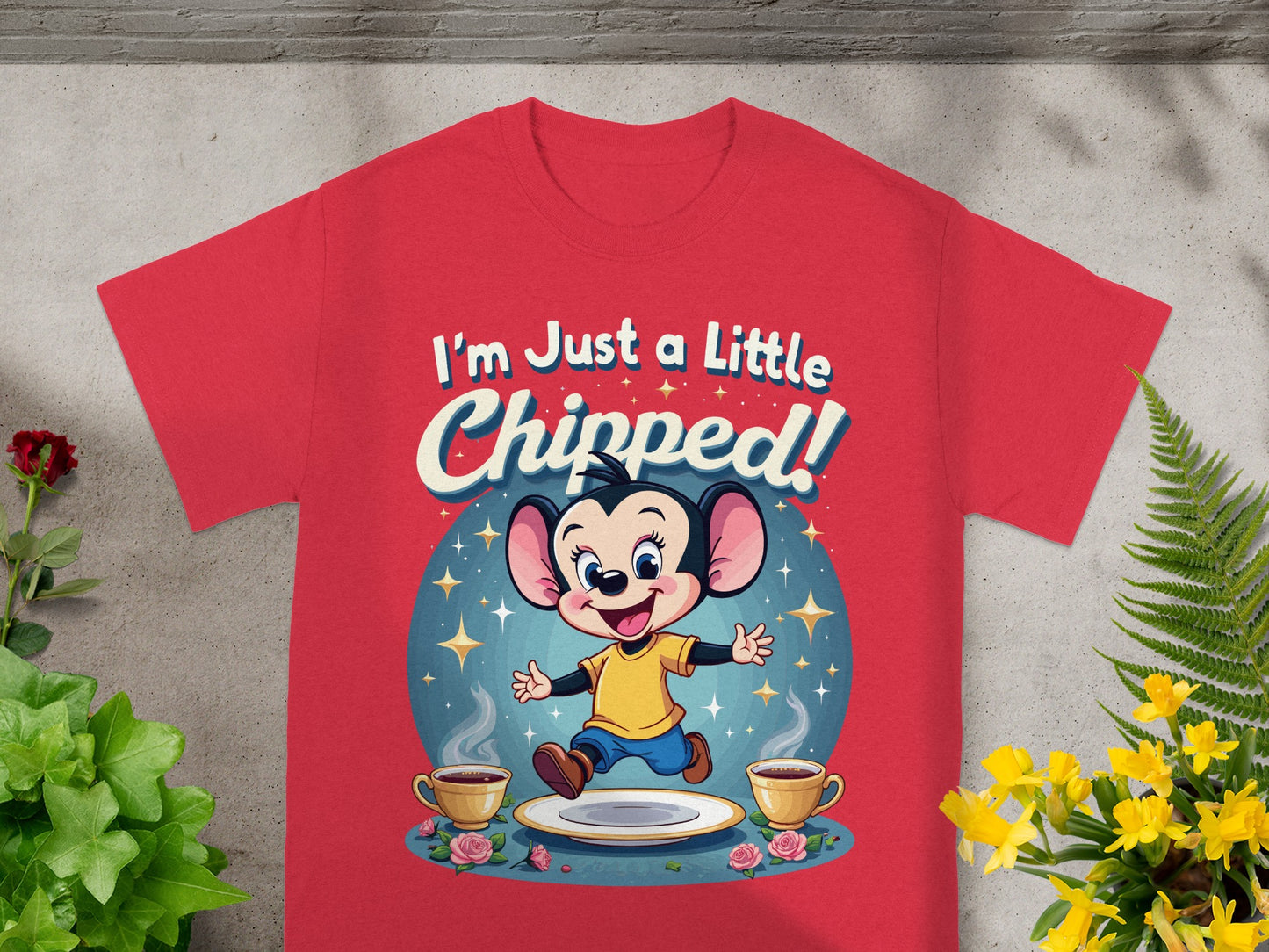 Red t-shirt with cartoon mouse on plate, text reads "I'm Just a Little Chipped!".