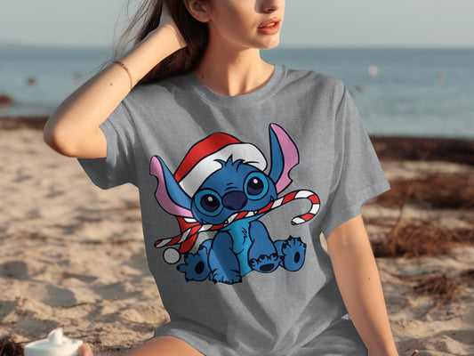 Cute Stitch in Santa Hat with Candy Cane T-Shirt