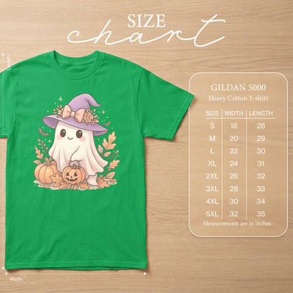 Green Gildan 5000 t-shirt with cute ghost graphic and size chart.