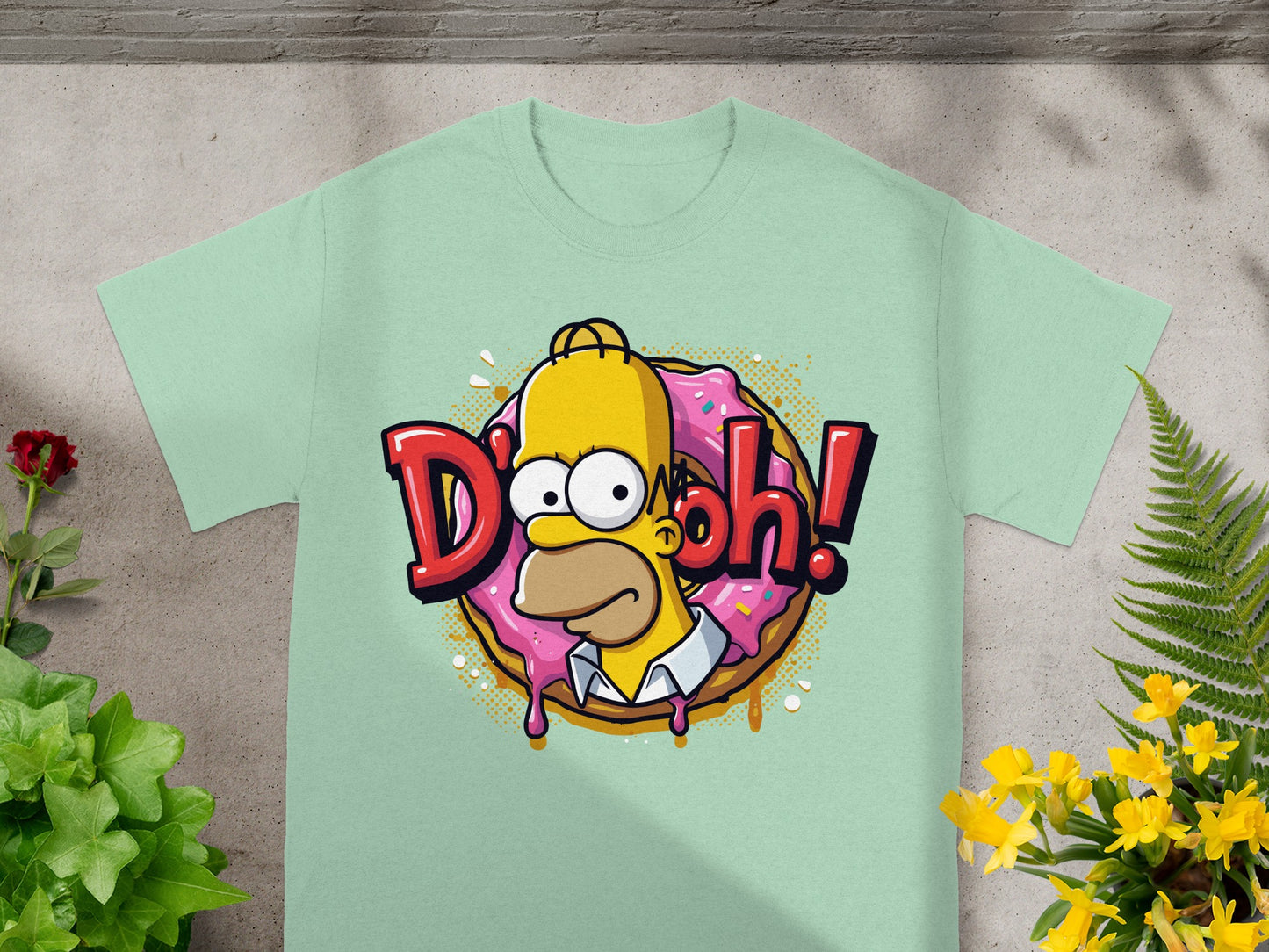 Homer Simpson saying "D'oh!" with a pink donut on a light green t-shirt.