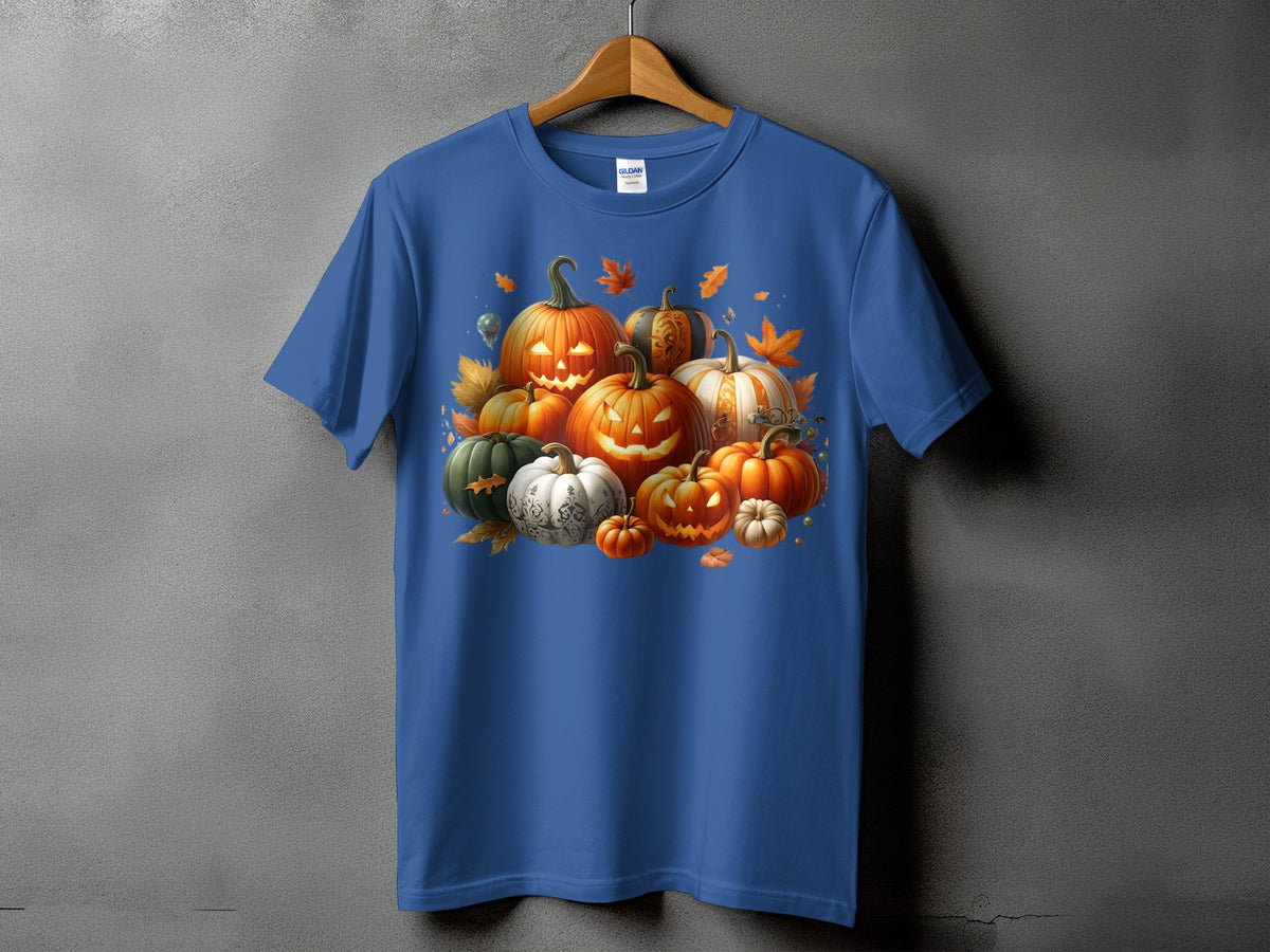 Blue t-shirt with a Halloween pumpkin patch graphic and falling autumn leaves.