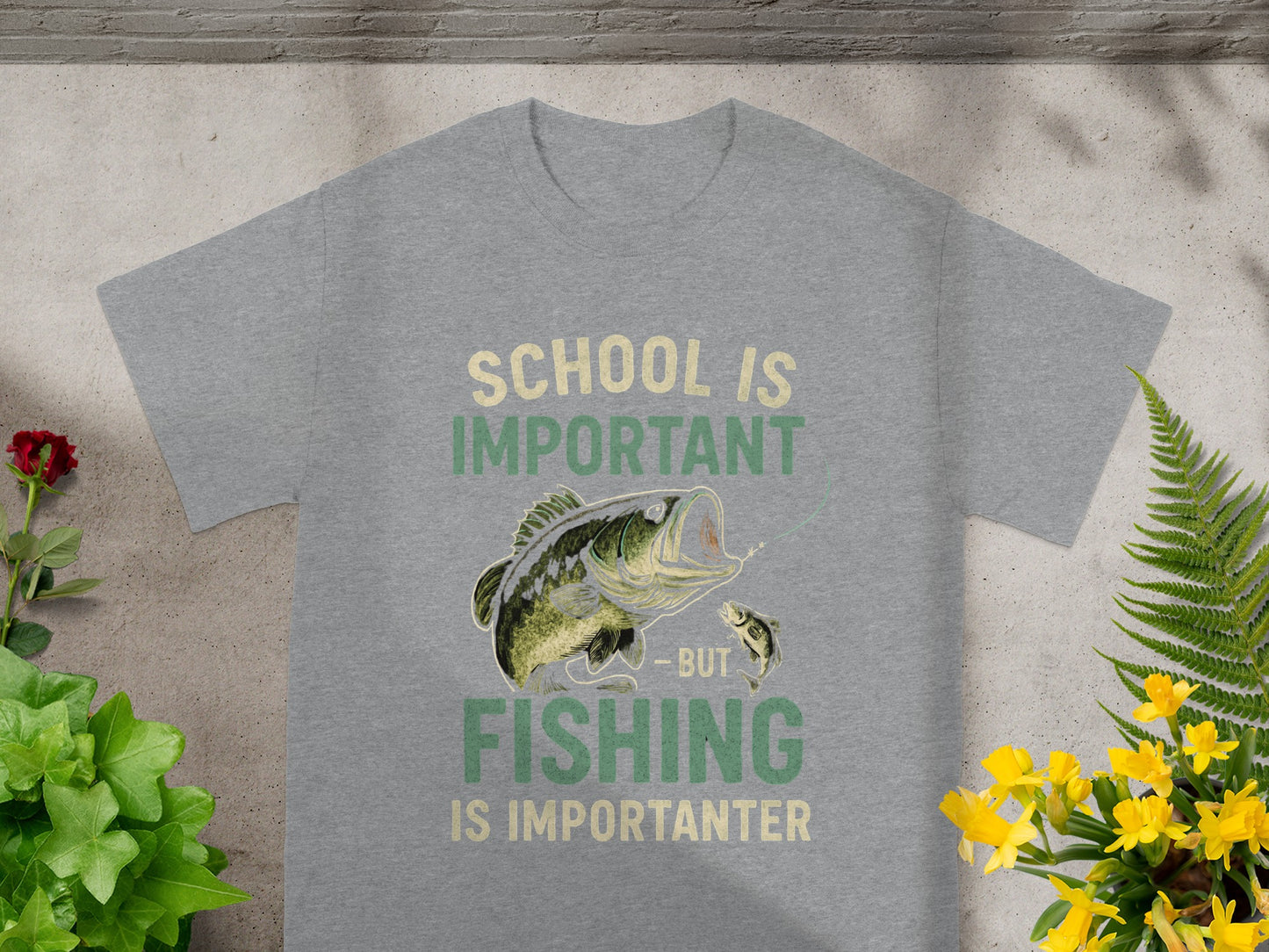 Grey t-shirt with a graphic that reads "SCHOOL IS IMPORTANT - BUT FISHING IS IMPORTANTER".