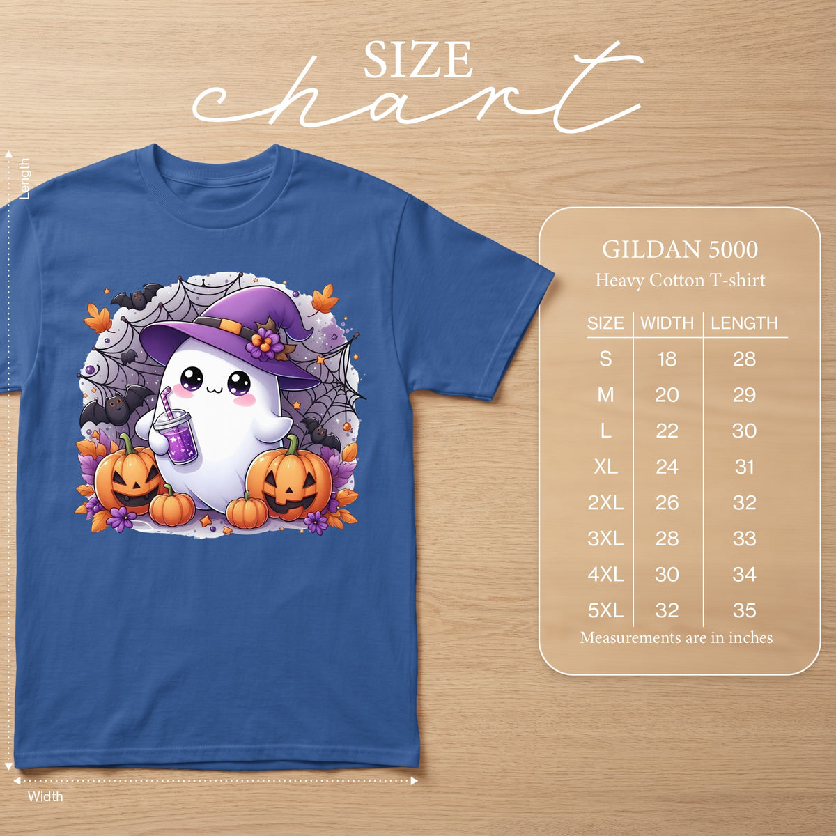 Blue Gildan 5000 Heavy Cotton T-shirt with a cute ghost Halloween graphic.