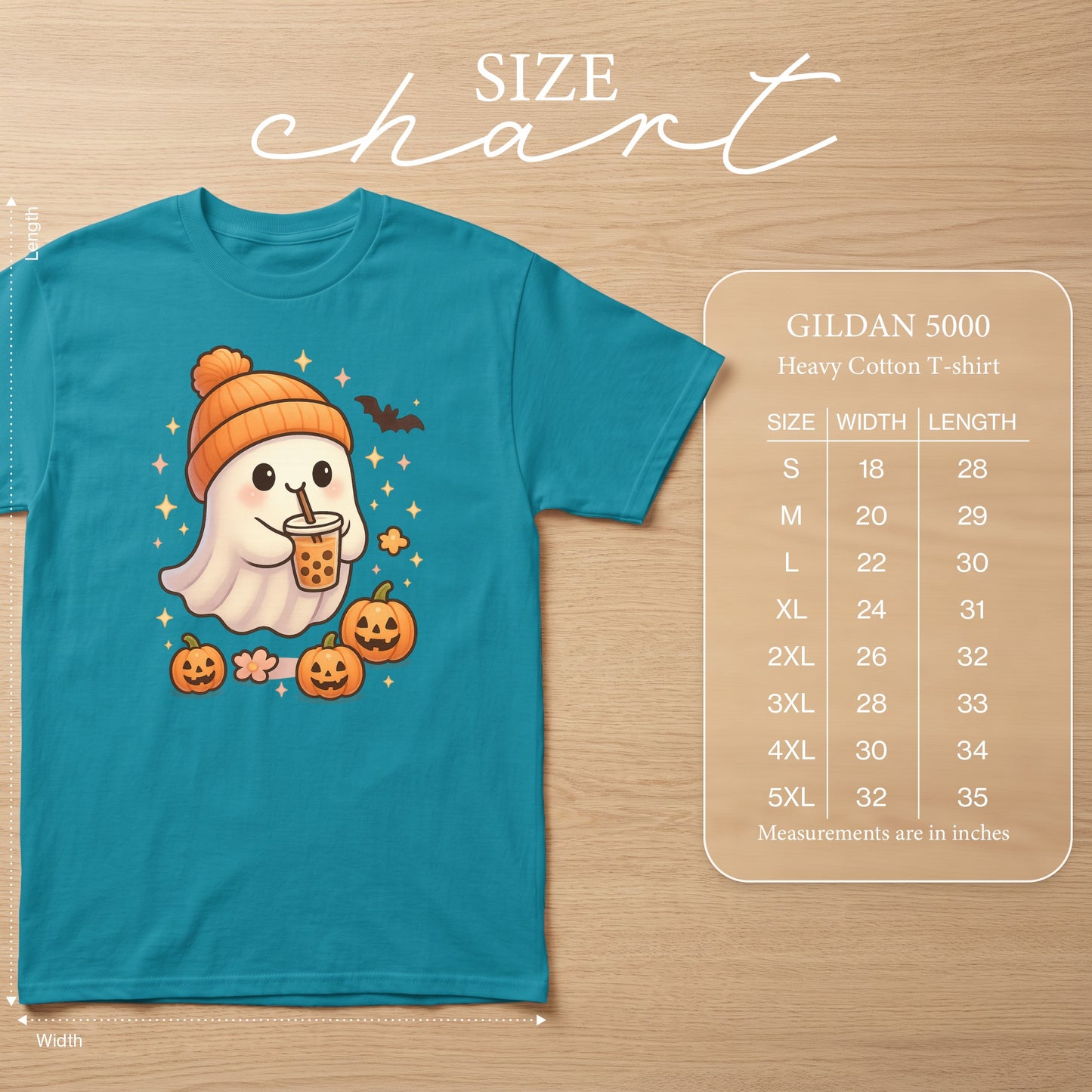 Teal t-shirt with cute ghost holding boba, pumpkins, and a bat; size chart included.