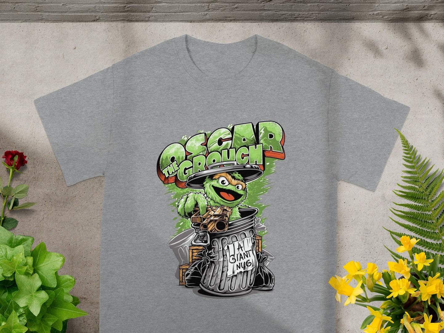 Oscar the Grouch in a trash can on a grey t-shirt.