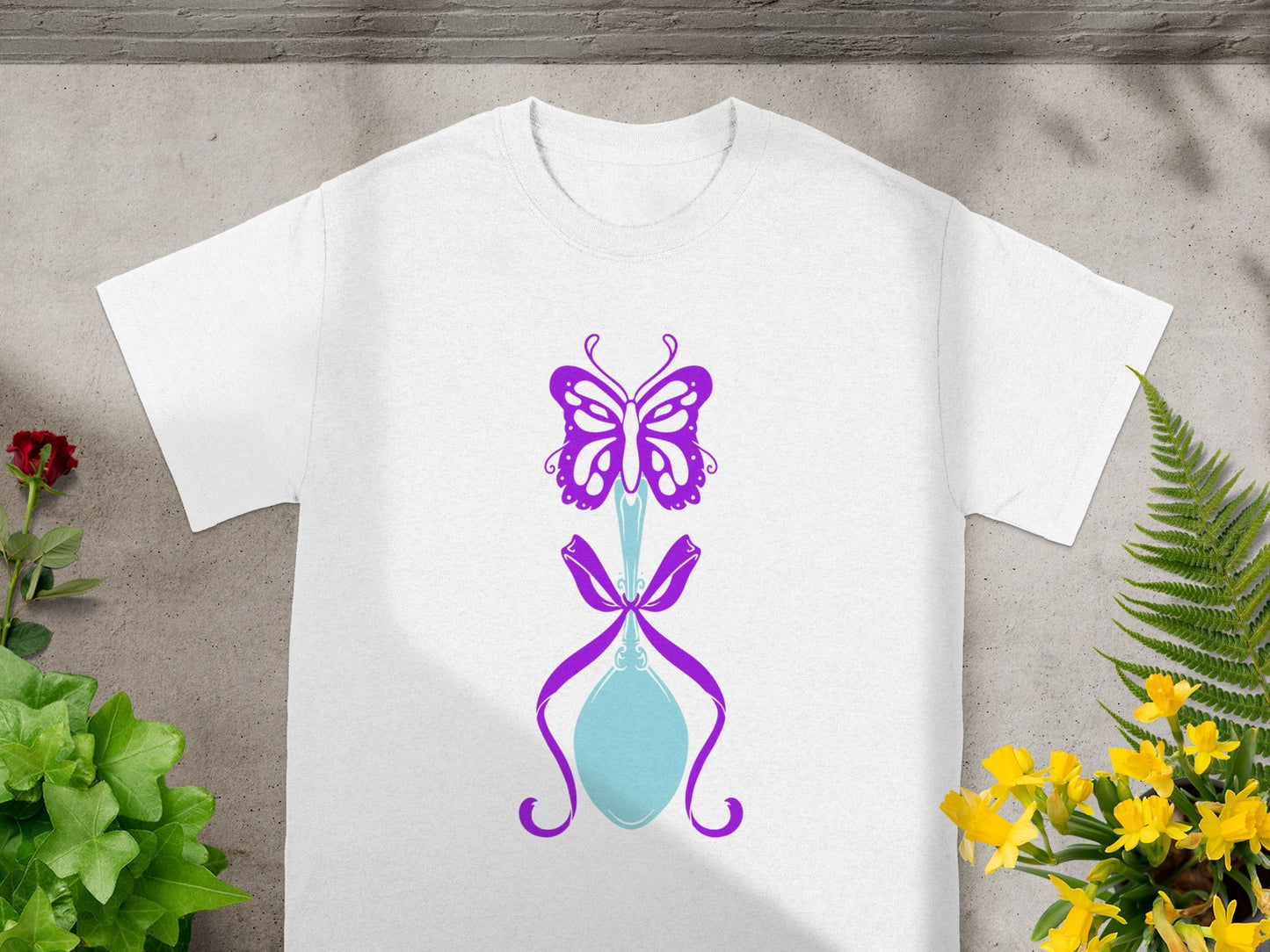 Purple Butterfly and Blue Bottle Design T-shirt