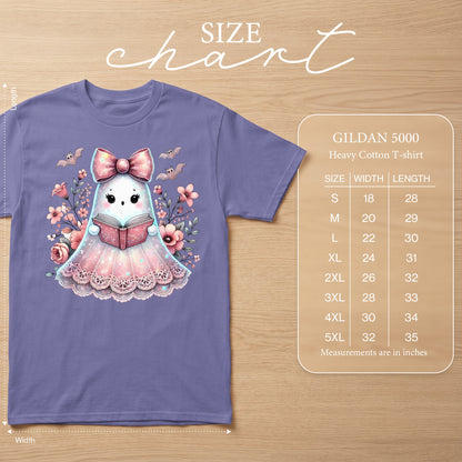 Ghost reading a book with bats and flowers on a Gildan 5000 t-shirt with size chart.