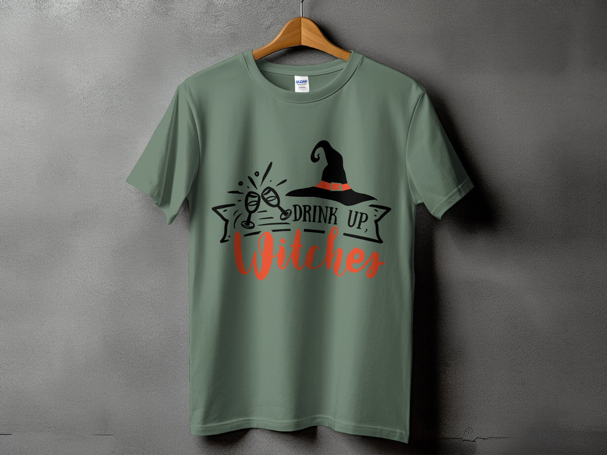 Green t-shirt with "Drink Up, Witches" text and Halloween graphic.