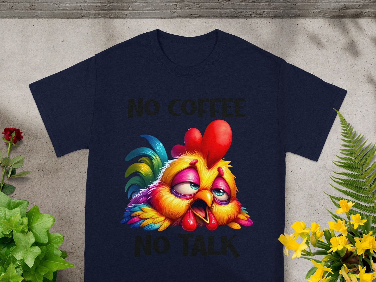 No Coffee No Talk Colorful Rooster Print T-shirt