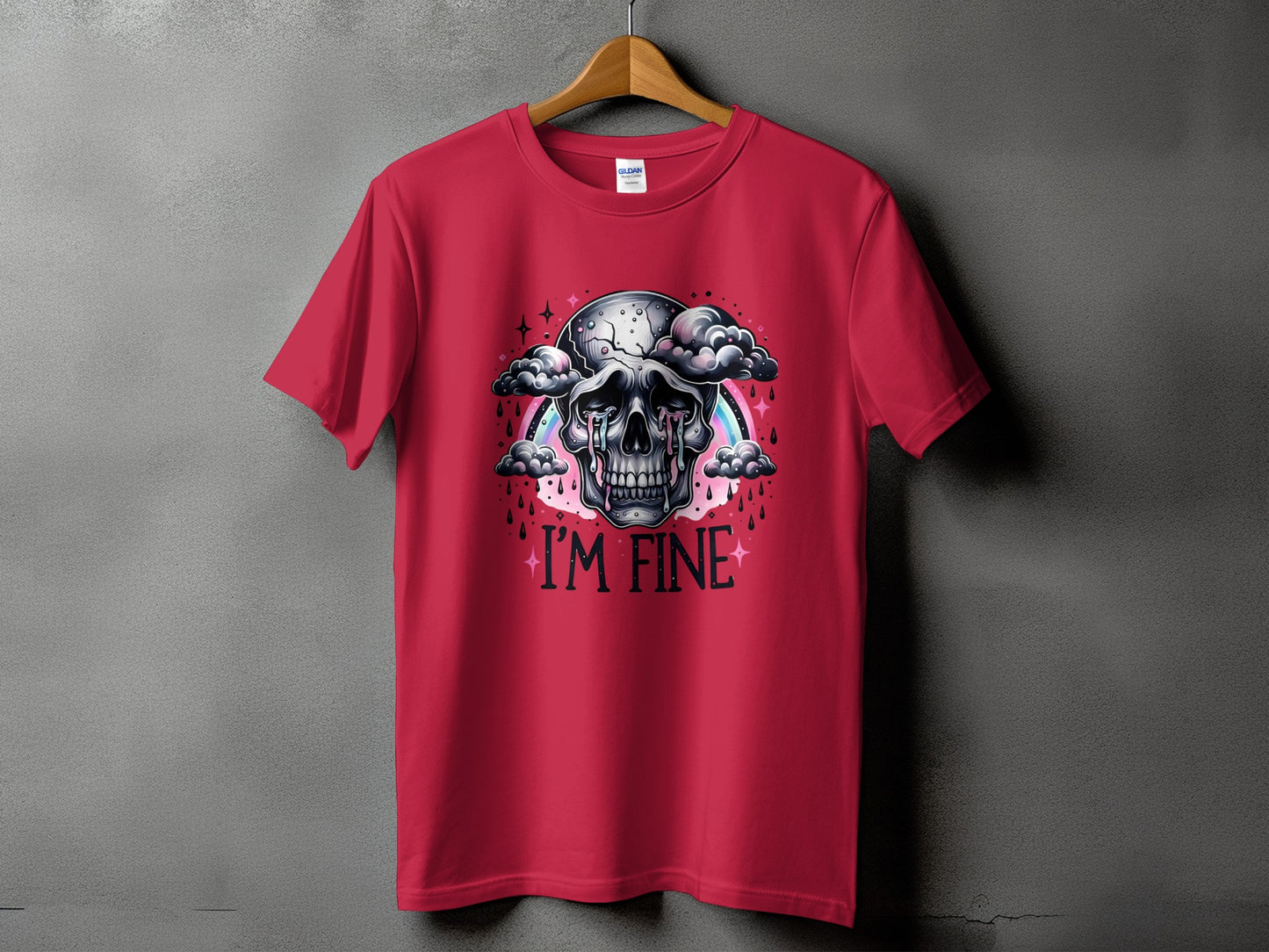 Crimson t-shirt with crying skull graphic and "I'M FINE" text.