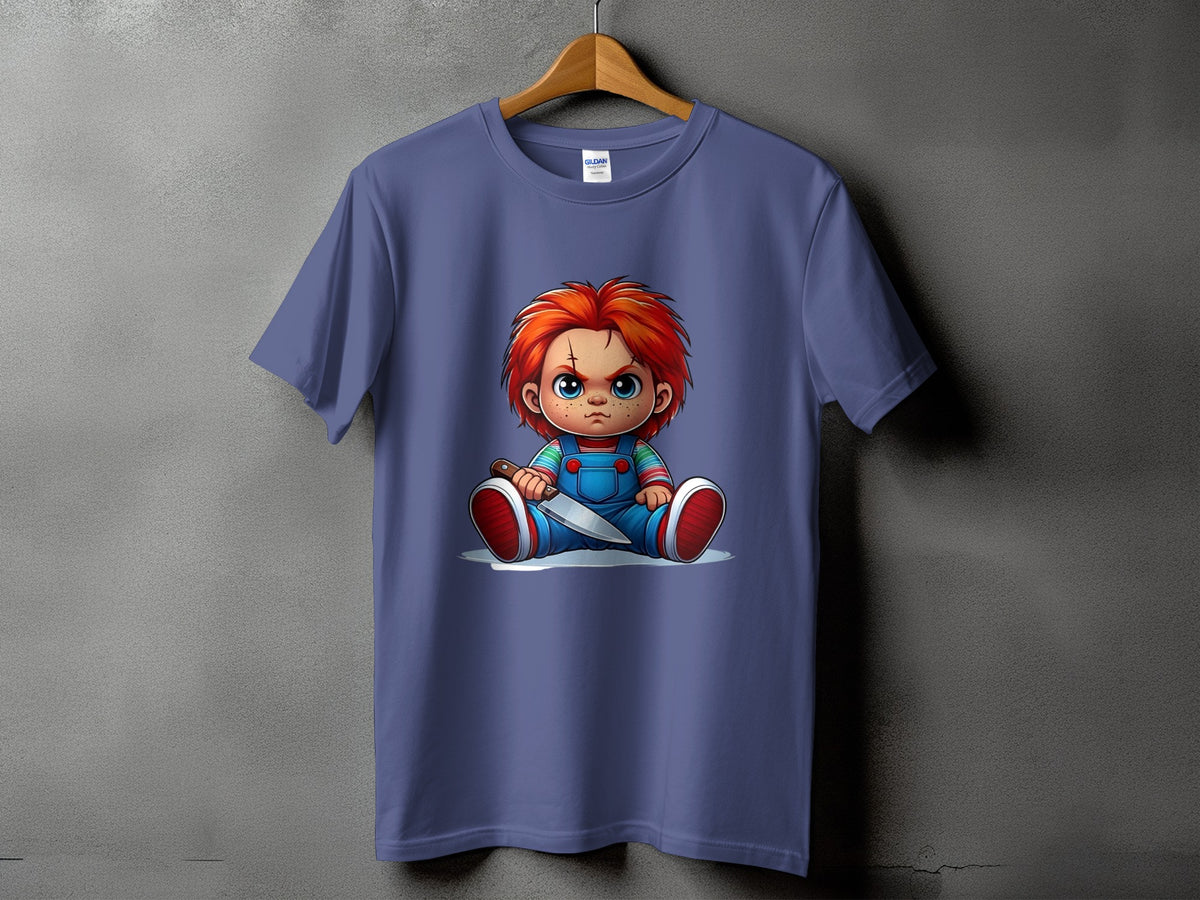 T-shirt with Chucky doll graphic holding a knife.
