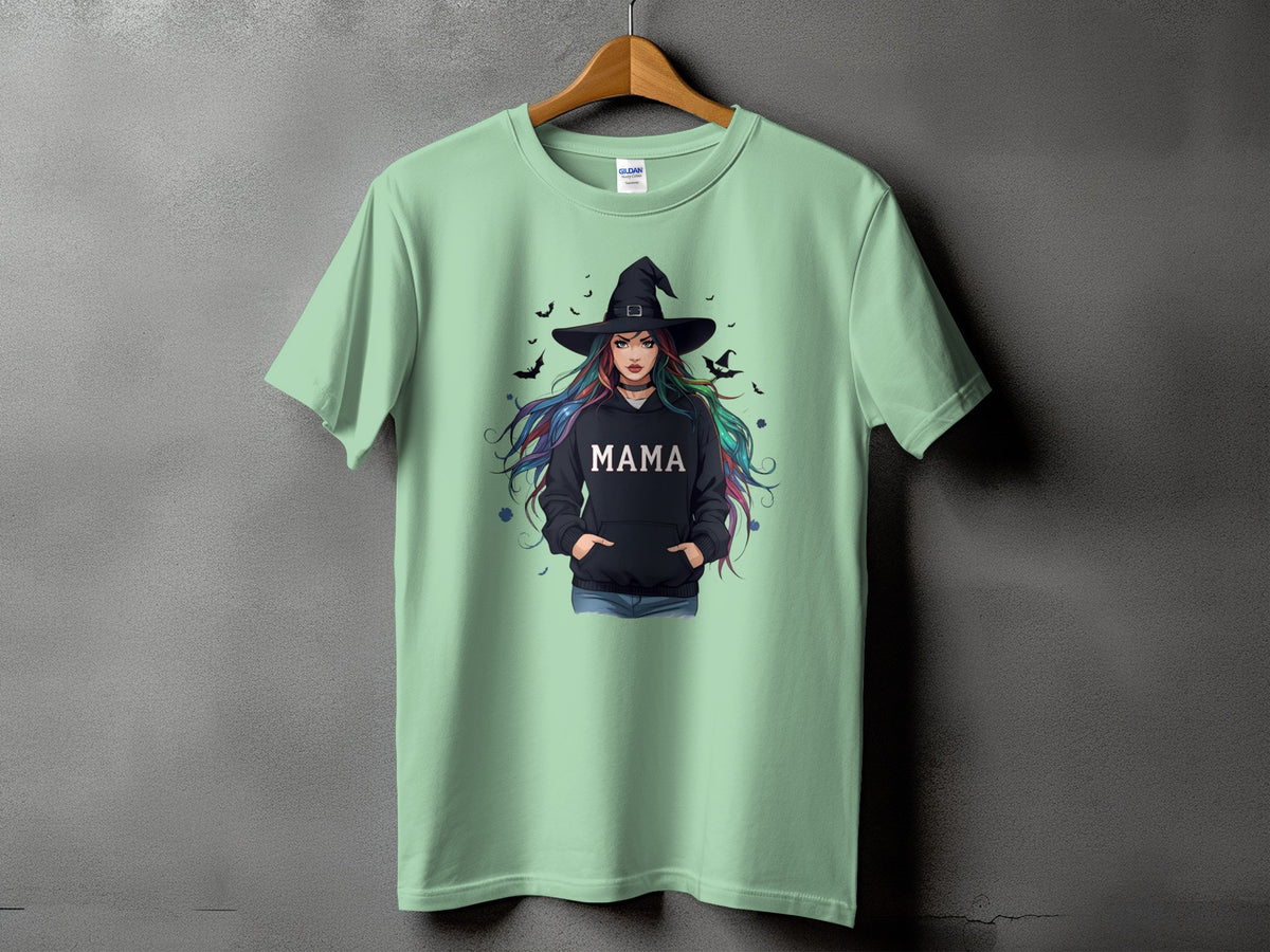 Light green t-shirt with "MAMA" text and a witch graphic.