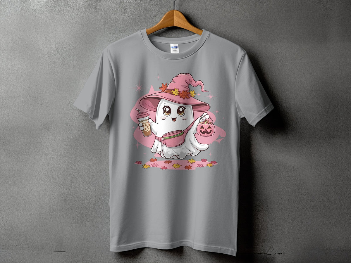 Gray t-shirt with cute ghost wearing witch hat holding boba tea and pumpkin.