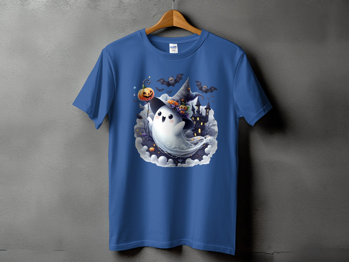Blue t-shirt with a cute ghost character, pumpkin, bats, and a haunted castle graphic.