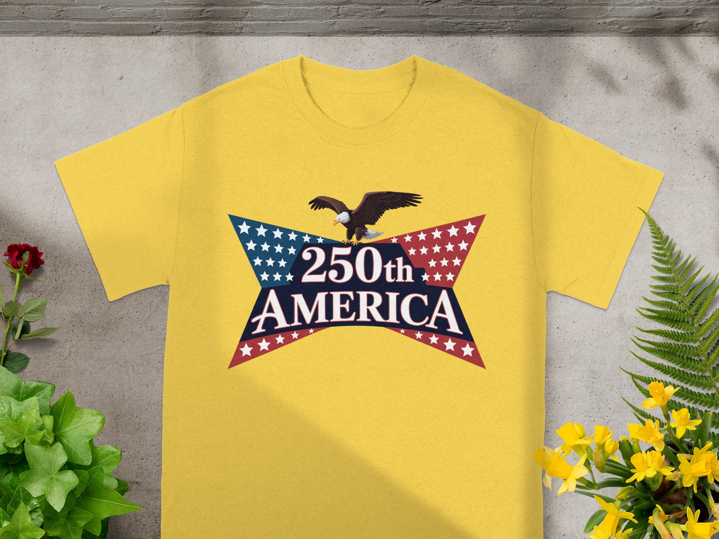 Yellow t-shirt with "250th America" text and an eagle graphic.