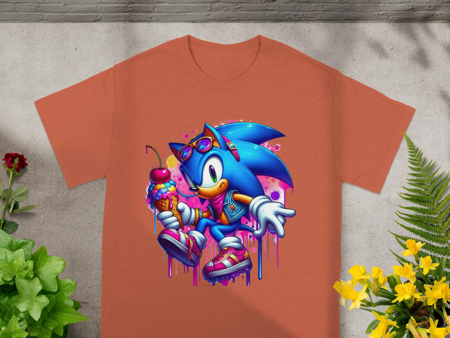 Sonic the Hedgehog in sunglasses holding a dripping ice cream cone on an orange t-shirt.