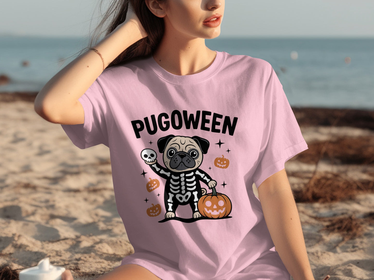 Pugoween Skeleton Pug with Pumpkins Halloween T-Shirt
