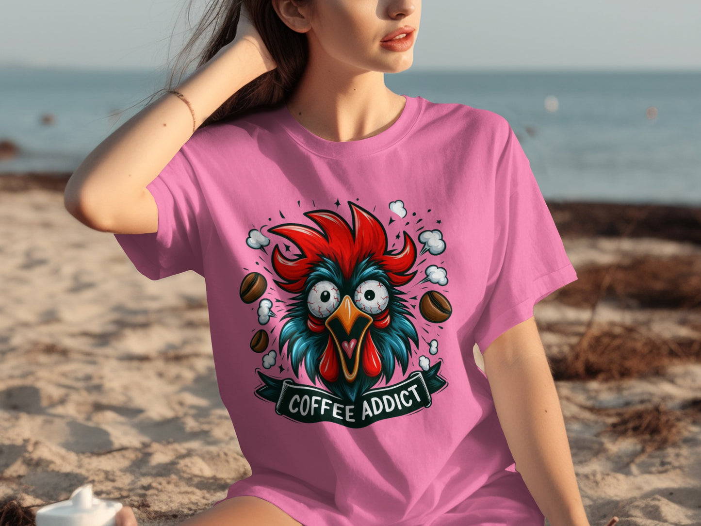 Coffee Addict Funny Rooster Cartoon T-Shirt