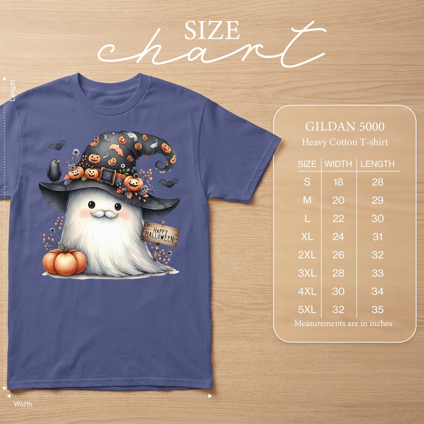 Purple Gildan 5000 heavy cotton t-shirt with watercolor ghost design and size chart.