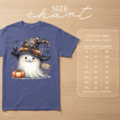 Purple Gildan 5000 heavy cotton t-shirt with watercolor ghost design and size chart.