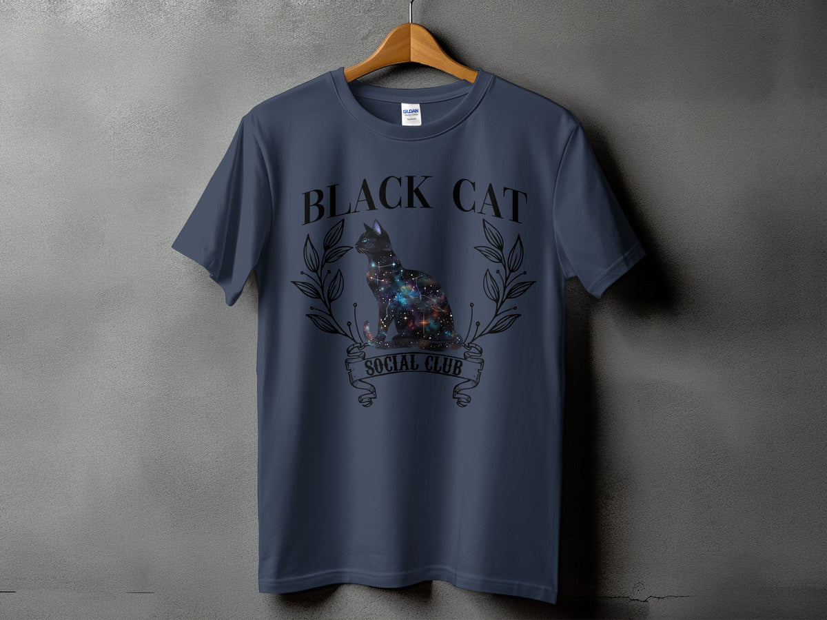 T-shirt with "BLACK CAT SOCIAL CLUB" text and a galaxy-filled cat graphic.