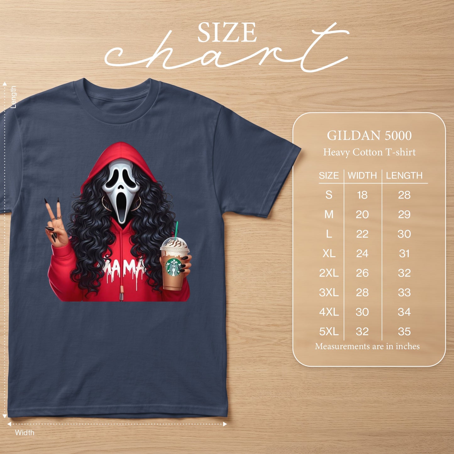 Gildan 5000 Heavy Cotton T-shirt with Ghostface graphic and Starbucks drink.