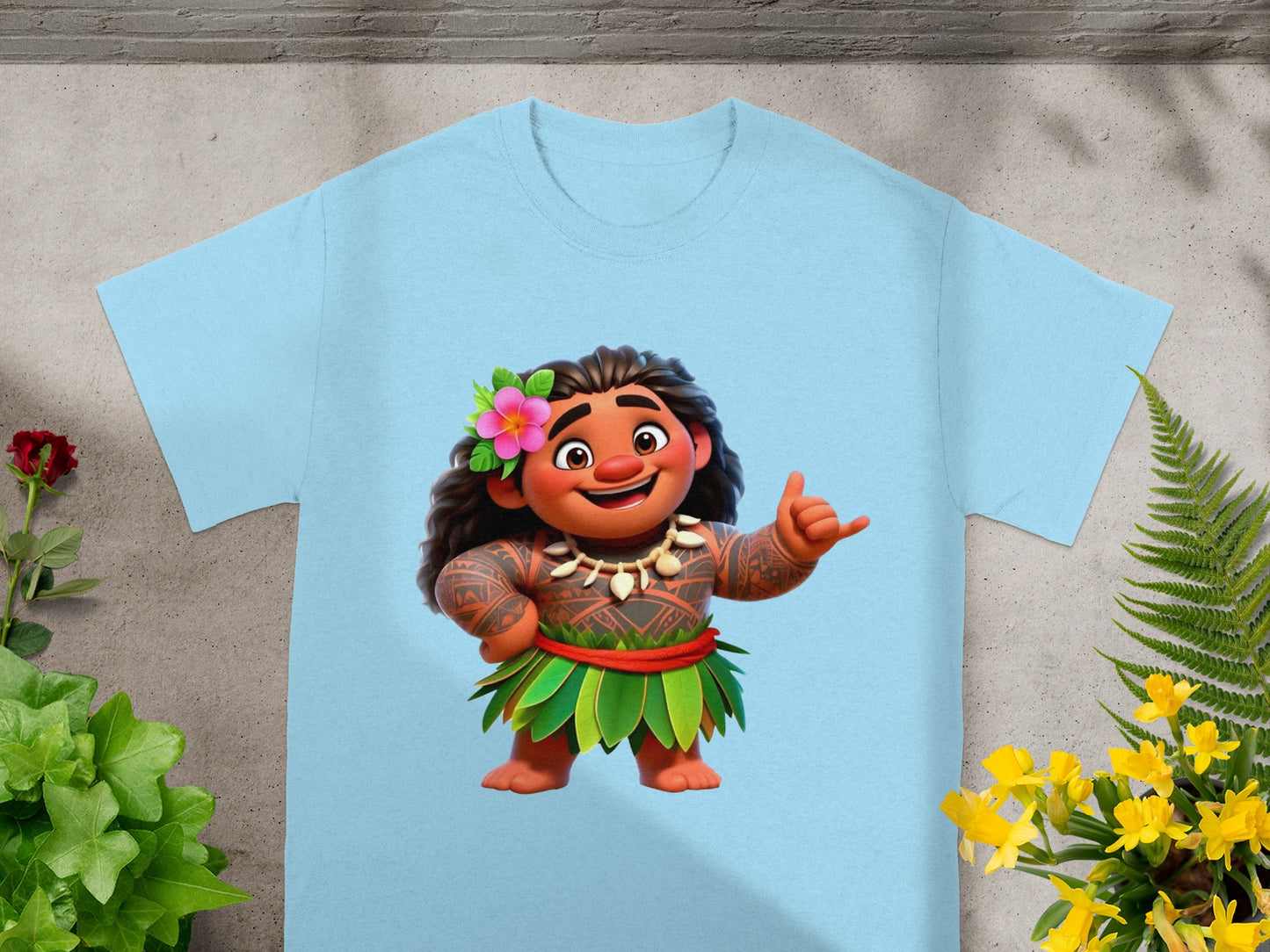 Light blue t-shirt with a cartoon character, "Moana," in a playful pose.