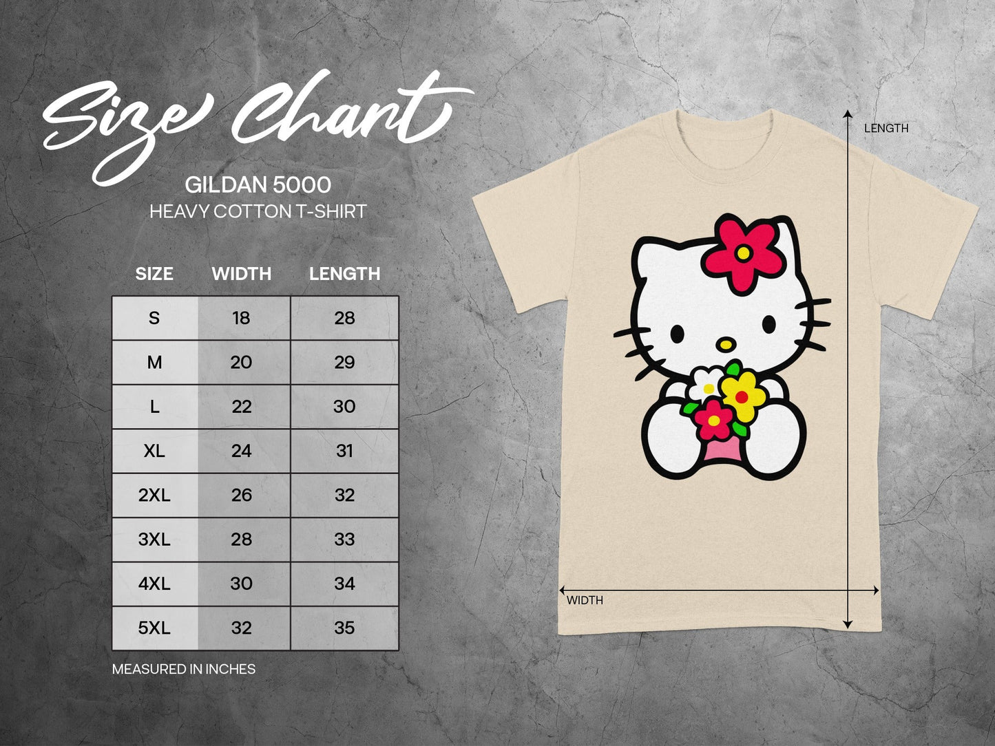 Beige Cat Character Flower Design Gildan 5000 Size Chart product type