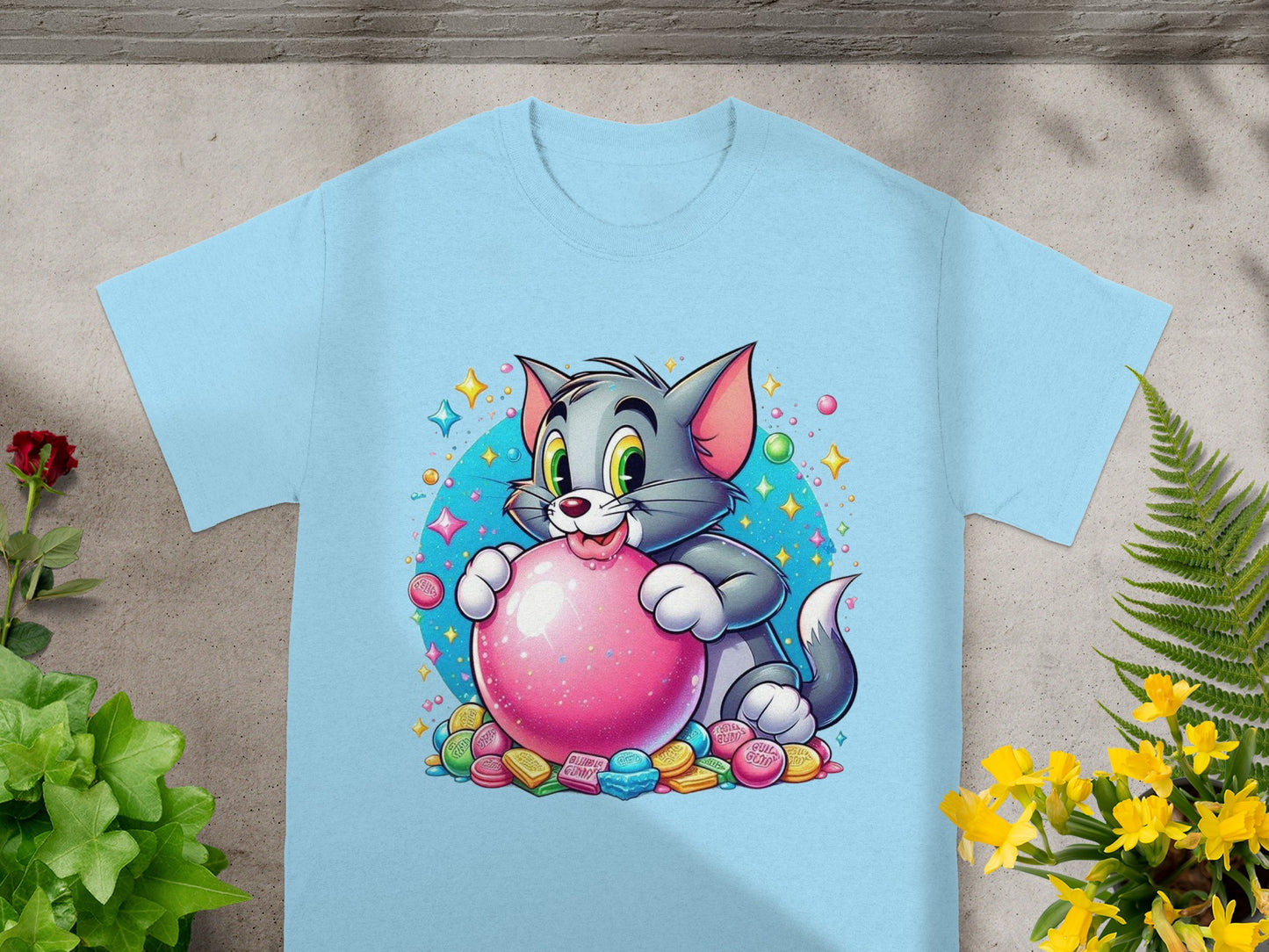 Tom and Jerry cartoon shirt with Tom blowing a pink bubble.