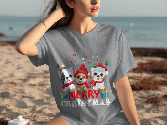 Adorable Merry Christmas Dogs Santa Hats T-shirt