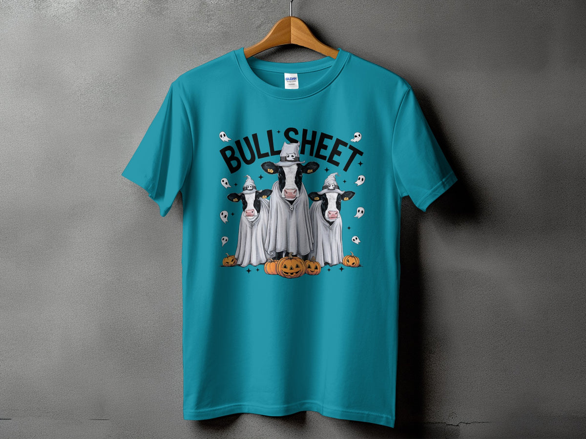 Teal t-shirt with "Bull Sheet" text, ghost cows, and pumpkins graphic.