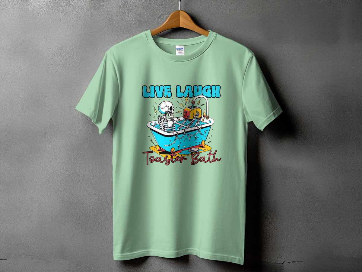 Skeleton in bathtub with toaster and text "LIVE LAUGH TOASTER BATH".