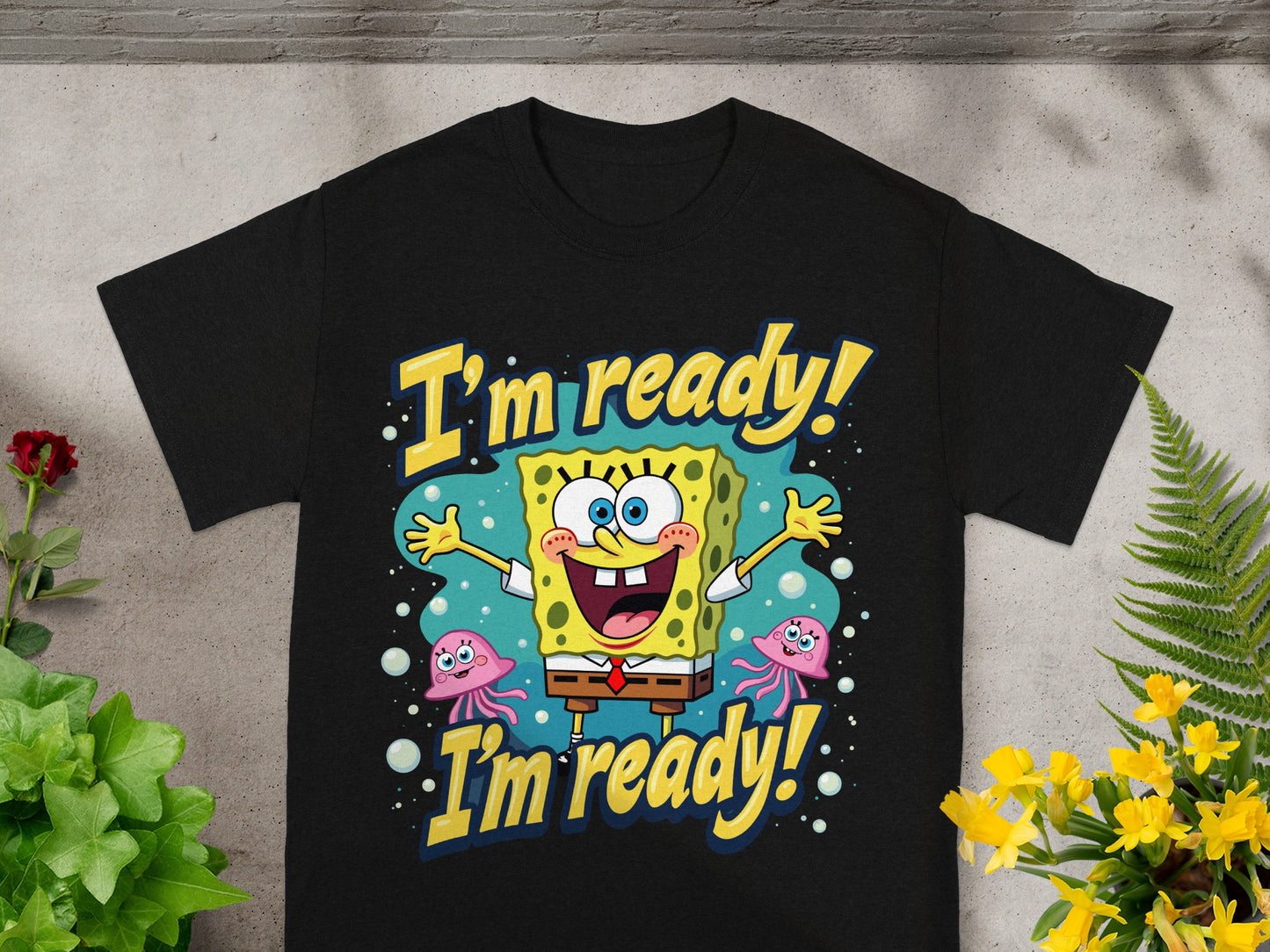 Black t-shirt featuring Spongebob Squarepants with text "I'm ready! I'm ready!"