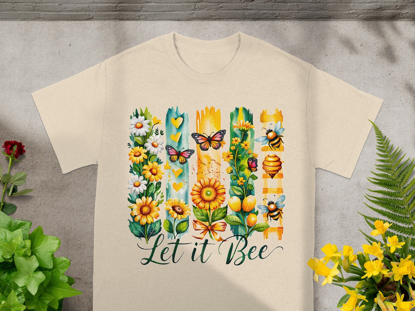 Let it Bee Butterfly and Flowers Graphic T-shirt